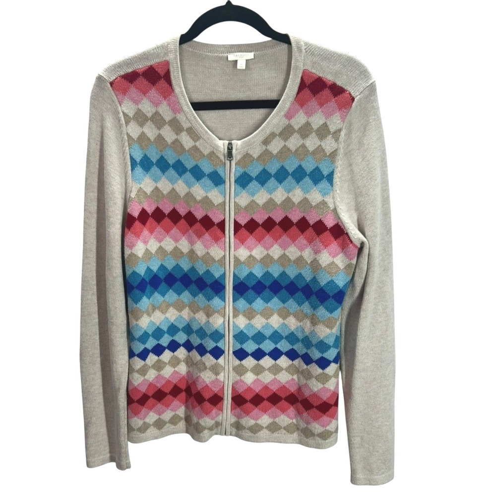Talbots Argyle Cardigan Medium Gray Zip Cotton Preppy‎ Classic Sweater Academia